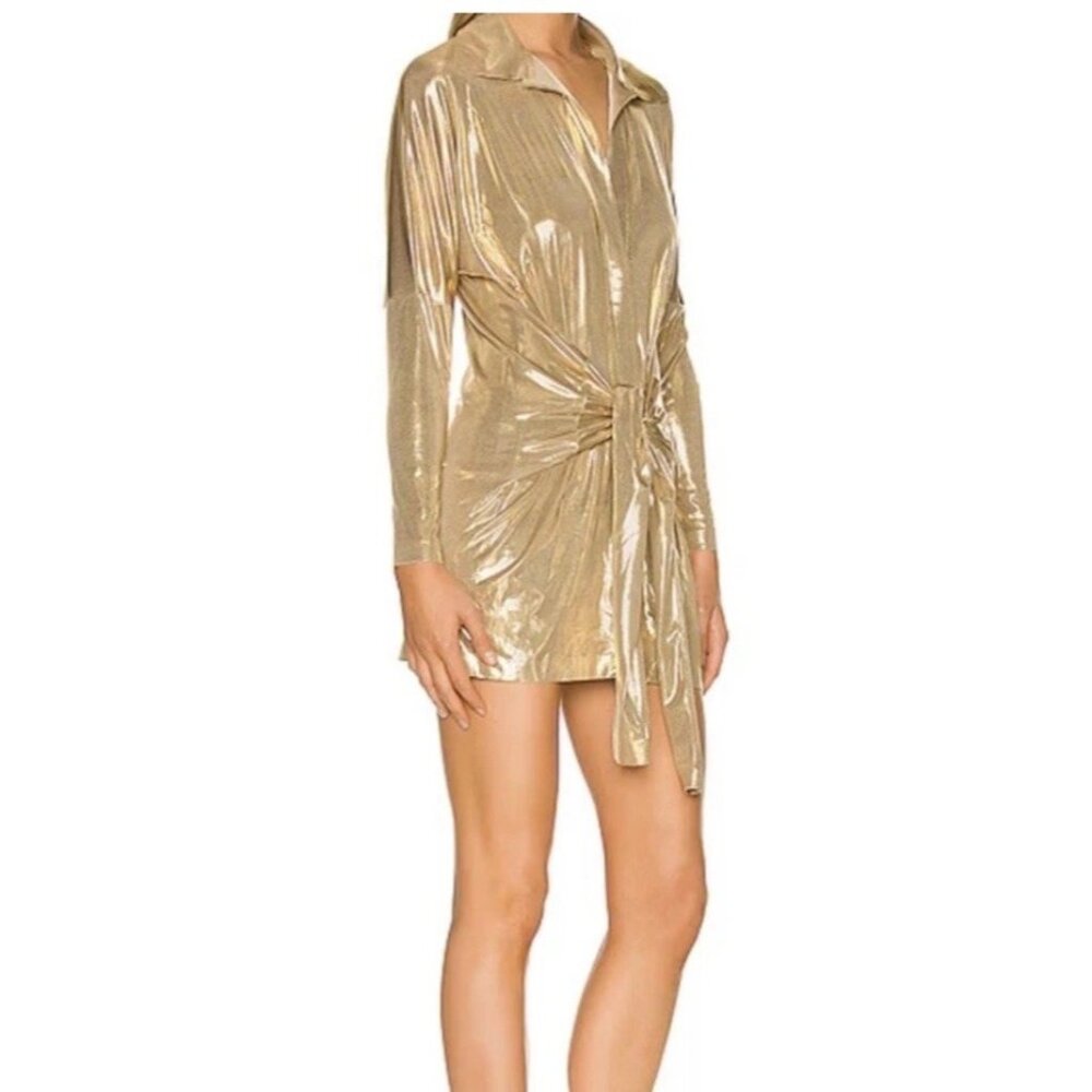 Norma Kamali Metallic Gold Long Sleeve Tie-Front Dress - Picture 7 of 13